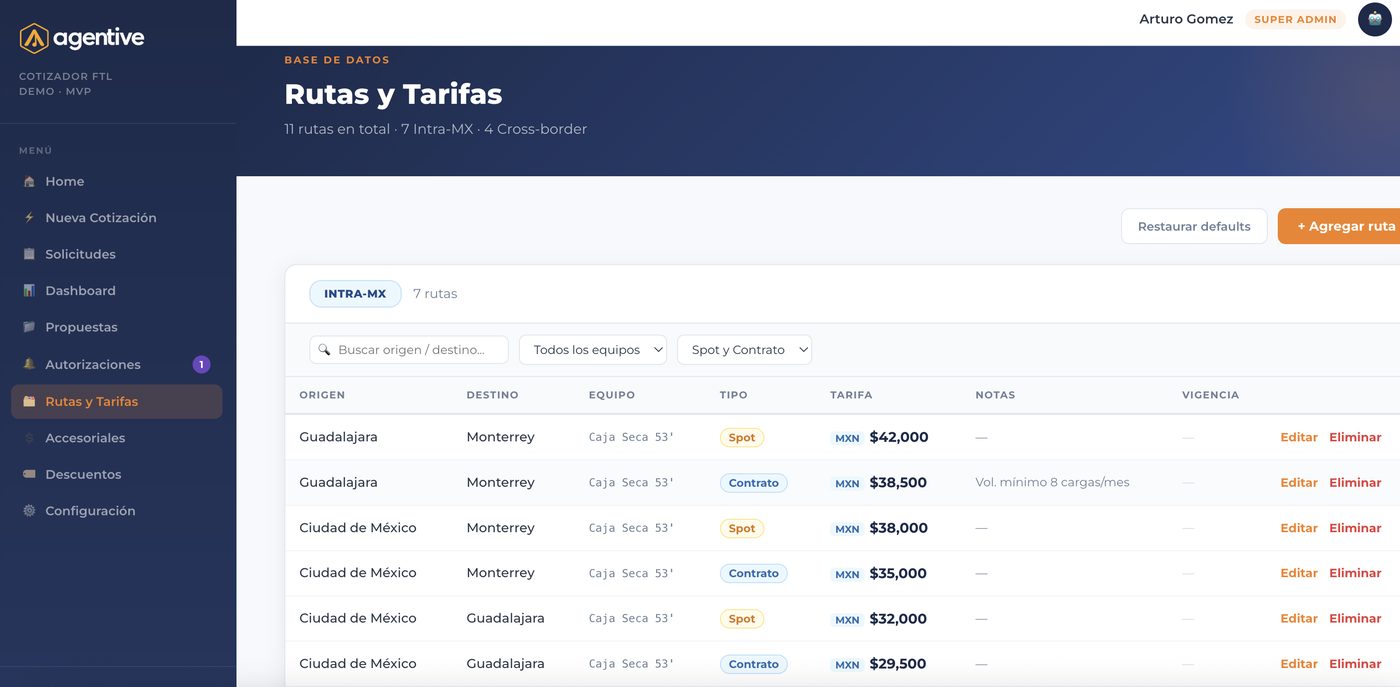 Captura de pantalla: configuración de rutas, tarifas y descuentos en Agentive